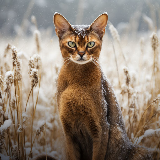Abyssinian cat in a field while snowing