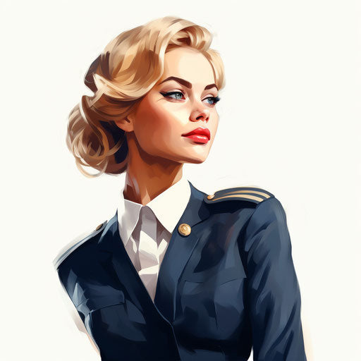 Cartoon in Oil painting style of a flight attendant, on white background
