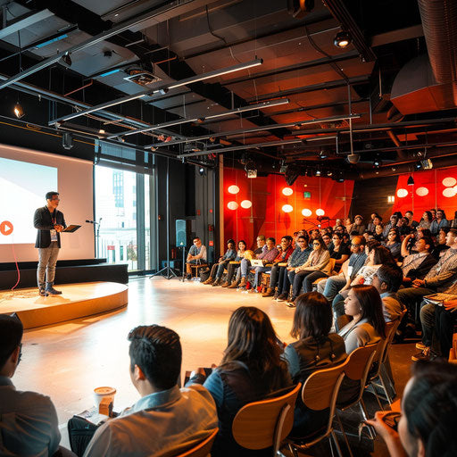 High-energy startup pitch competition with enthusiastic presenters and engaged audience