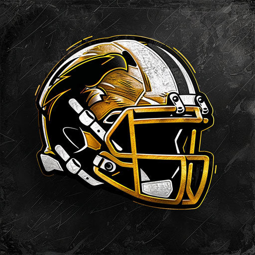 Football logo design in gold and white on textured black background
