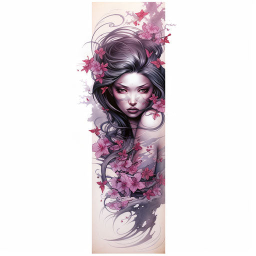 Geisha-style portrait with tattoo sleeves, dark silver and light magenta
