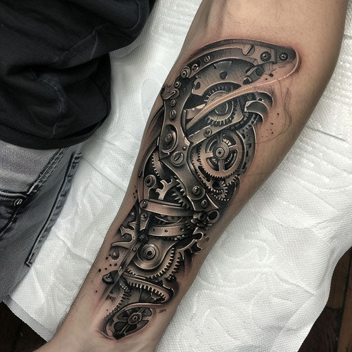 Forearm tattoos for women in the style of Adrian Smith featuring mechanical gears