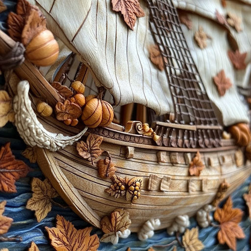 Mayflower's sails with harvest symbols and autumn leaves