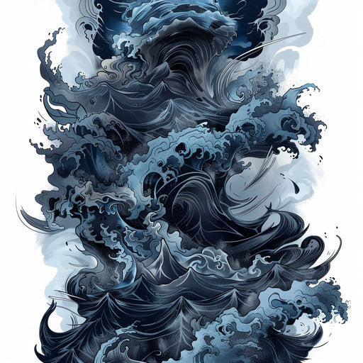Dynamic flat tattoo sketch of a chaotic storm scene, rich in dark blue tones
