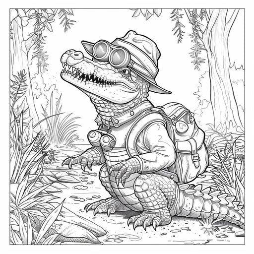Crocodile explorer in the jungle with hat and binoculars