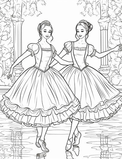 Free ballet coloring pages for girls, in light red and aquamarine, dark yellow and light magenta, energetic frenzy, ink wash 24:31