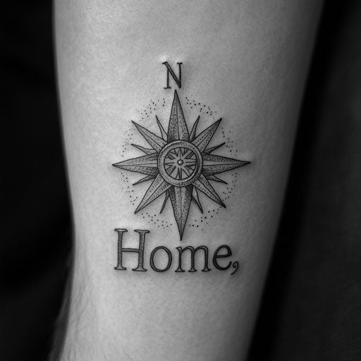 Family tattoos for men, compass rose pointing towards 'Home'