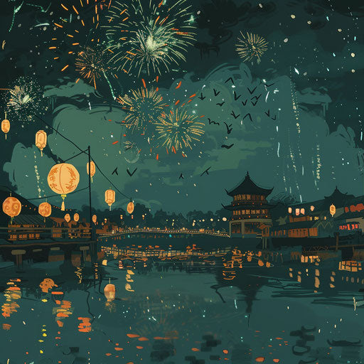 Dynamic sketch of riverside festival with lanterns and fireworks