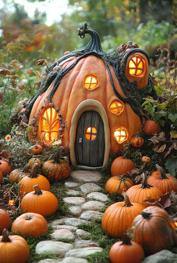 Pumpkin house surrounded by pumpkins for Halloween
