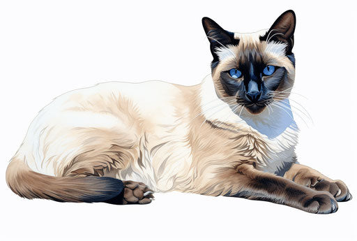 Siamese cat lying down in light beige and white