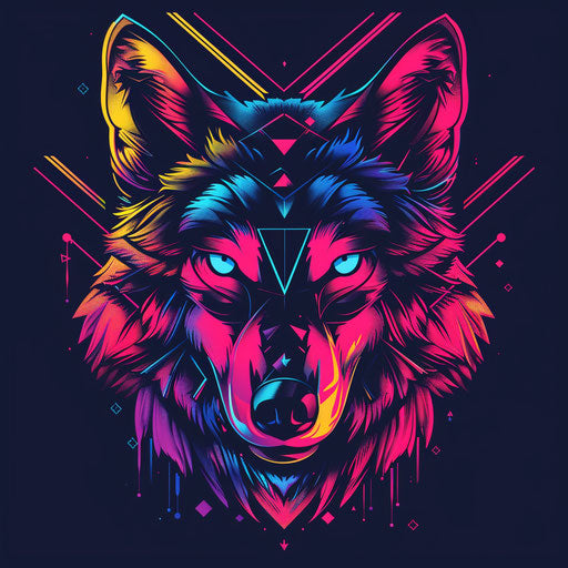 Flat tattoo sketch of a vibrant geometric wolf