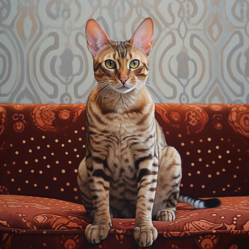 Striped cat on sofa, light maroon and gold, pointillist texture