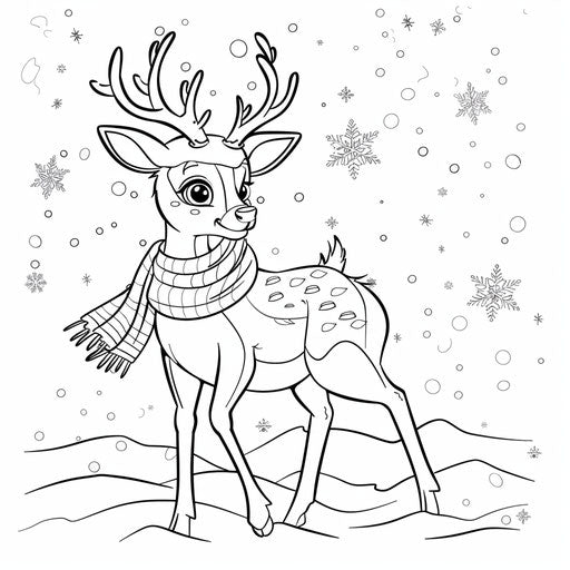 Cartoon deer with scarf in the snow