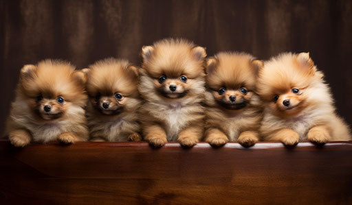 Pomeranian puppies pictures, dark orange and light bronze style, soft-focus technique 12:7