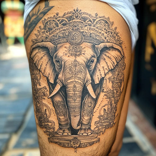 Sak yant tattoo with elephant surrounded by mantras