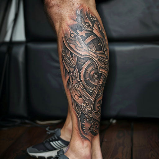 Mechanical gears leg tattoo