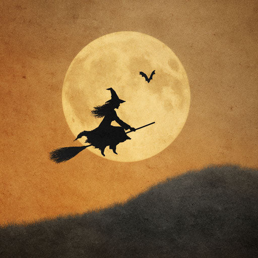 Witch Flying on a Broomstick Against a Full Moon
