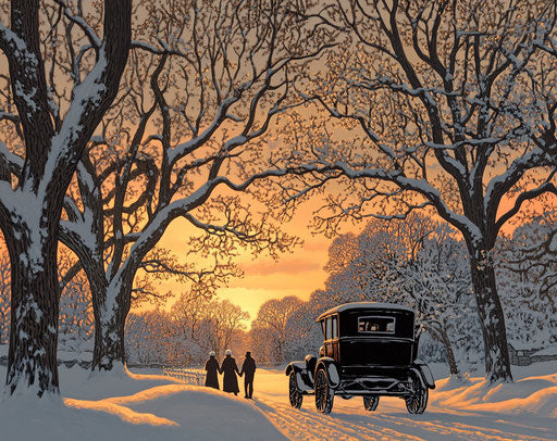 Winter scene with snow-covered trees and people holding hands