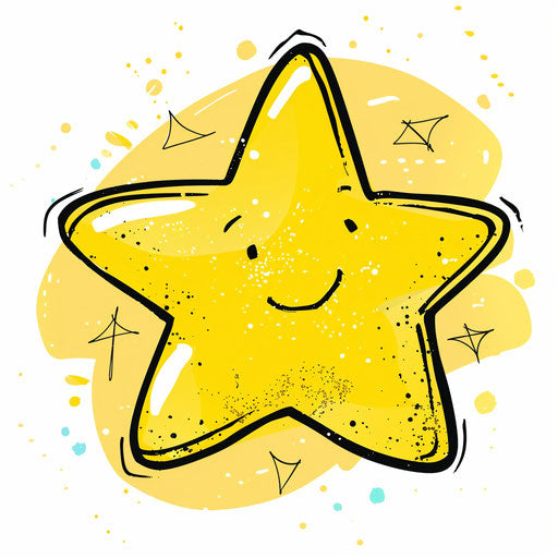 Yellow star icon cartoon in robert munsch style, lighthearted
