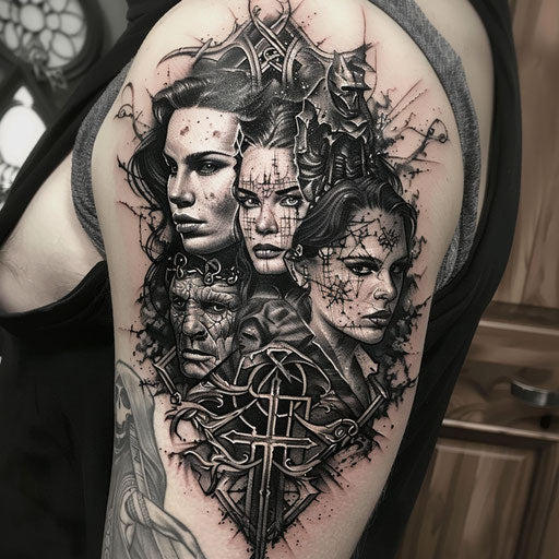 Dark and gothic family tattoo with ancestral symbols
