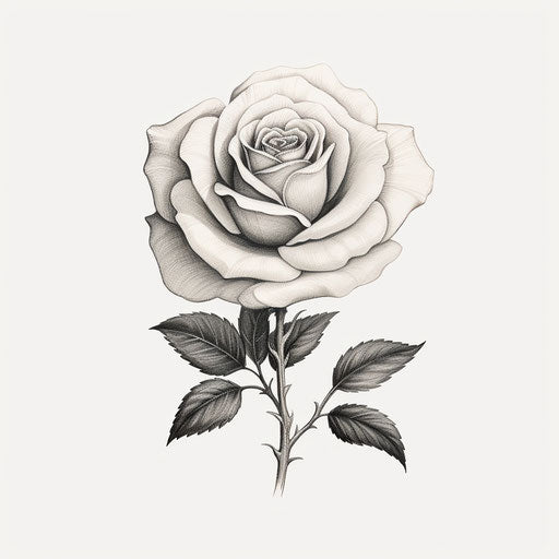 A black and white rose, engraved line-work, sentimental realism