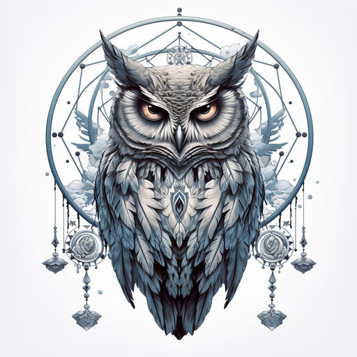 Owl in dream catcher with monochromatic symmetrical drawing