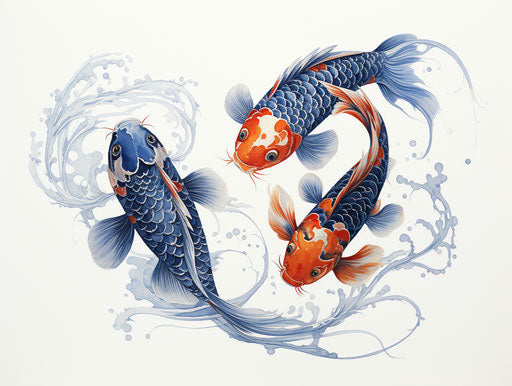 Two Chinese koi fishes in a sky-blue and blue pattern