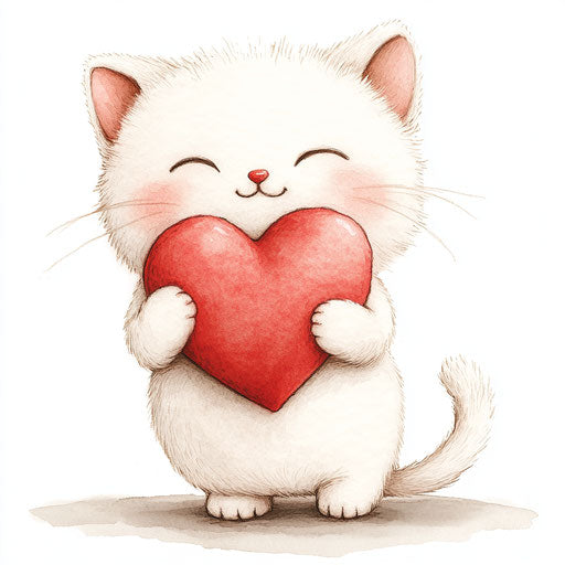 Cute Valentine: White kitten holding a red heart