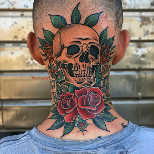 Classic skull and roses back neck tattoo