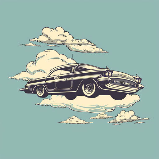 Surreal flat tattoo sketch of a flying car with clouds and sky blue background