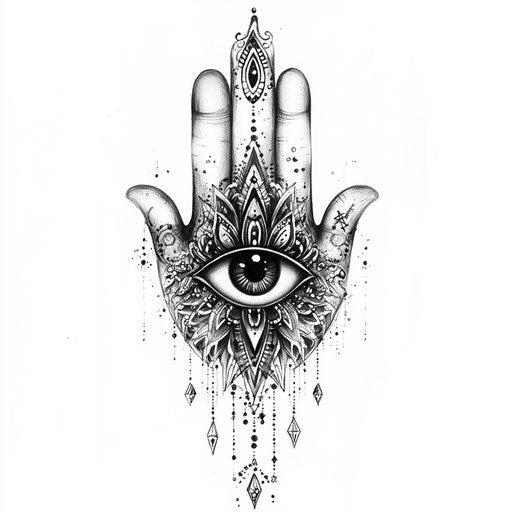 Hamsa hand tattoo with all-seeing eye and symbols