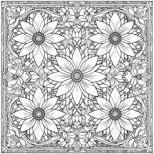 Detailed illustration of a traditional rangoli design with intricate patterns. Coloring book page