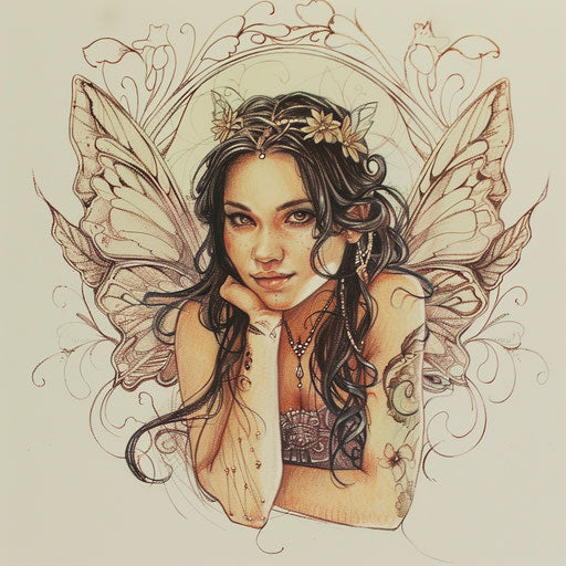 Sketch of a mystical fairy with wings, soft pastels and delicate lines