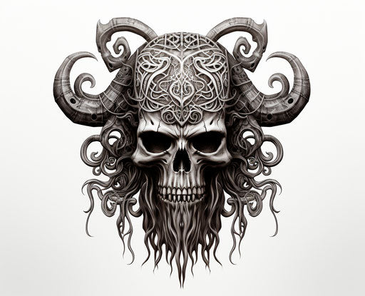 Viking skull with tattoo design on white background in iron
