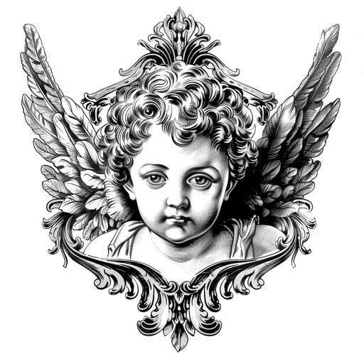 Cherub tattoo in Baroque style on white background