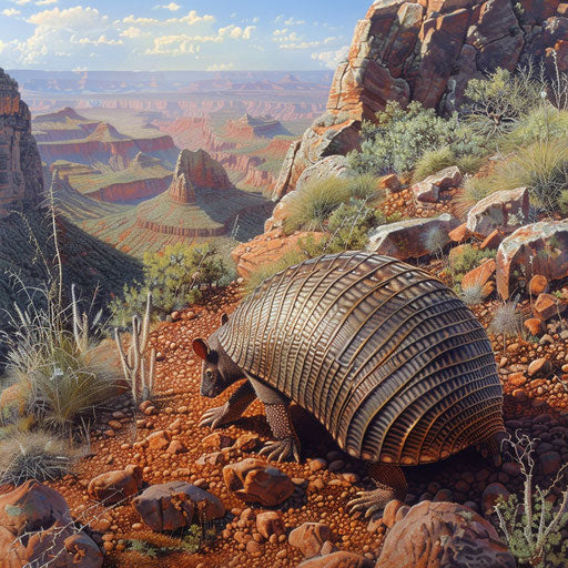 An armadillo exploring the rocky terrain of a mountain foothill