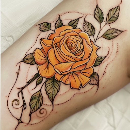 Environment-themed tattoo of an amber rose with green leaves and vines