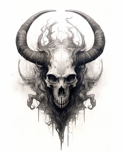 Skull with horns, layered imagery with subtle irony