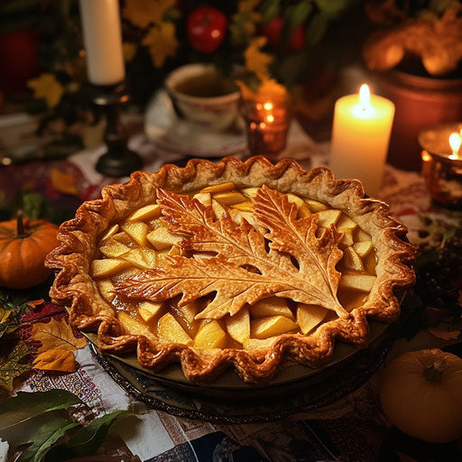 Apple pie with leaf-shaped crust on autumn table