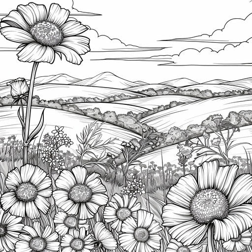 Rolling hills and wildflowers: coloring book page