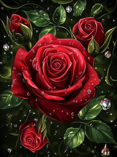 Three red roses with water drops and diamonds on background