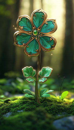 Irish shamrock with ornate gold trim and emerald green leaves