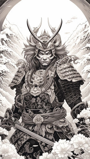 Black and white drawing of a samurai, traditional oceanic style