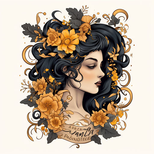 Tattoo design for young woman, golden age illustration style