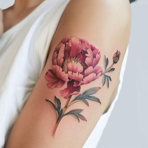 Realistic peony flower tattoo in full color on clean white background