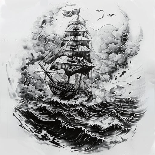 Dramatic tattoo sketch of a pirate ship in stormy sea