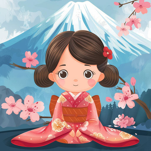 Girl in Japanese kimono with Mt. Fuji Cartoon
