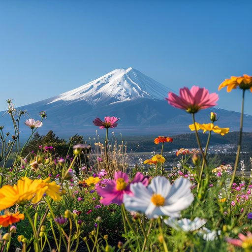 Mount Fuji in the distance bright blue sky colorful spring flowers