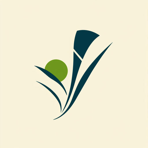 Minimalist cricket logo design with abstract ball and bat symbol, sleek contemporary typography, blue and green color scheme, isolated on flat beige background.