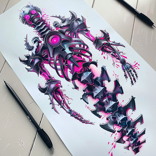 Cyberpunk aesthetic mechanical spine tattoo design with neon highlights